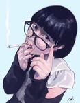  1girl adjusting_glasses bangs black-framed_glasses black_eyes black_hair black_nails blue_background blunt_bangs cigarette detached_sleeves earrings fingernails glasses highres jewelry mognemu mouth nail_polish nose simple_background sleeves_past_wrists smoke smoking solo 