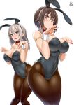  :o alternate_costume animal_ears arm_ribbon bangs black_leotard blue_eyes blush bow bowtie breasts brown_eyes brown_hair brown_legwear bunny_ears bunny_girl bunny_pose bunny_tail bunnysuit cleavage covered_navel cross-laced_clothes detached_collar embarrassed eyebrows eyebrows_visible_through_hair fake_animal_ears girls_und_panzer grey_nails hair_between_eyes hairband hands_up itsumi_erika large_breasts leotard long_hair looking_at_viewer multiple_girls nail_polish nishizumi_maho open_mouth palms pantyhose red_bow red_nails red_neckwear ribbon short_hair side-tie_leotard silver_hair simple_background skin_tight strapless strapless_leotard tail uo_denim wavy_mouth wrist_cuffs 