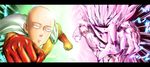  2boys alternate_form artist_name bald bodysuit cape claws clenched_hands cyclops expressionless gloves highres jazzjack long_image looking_at_viewer lord_boros male_focus multiple_boys one-eyed one-punch_man punching saitama_(one-punch_man) spiked_hair wide_image 