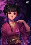  2016 arm_at_side bangs black_hair blunt_bangs brown_ribbon choker collarbone commentary completion_time english_commentary expressionless floral_print hair_ribbon highres japanese_clothes kimono koutetsujou_no_kabaneri lips long_sleeves looking_at_viewer mumei_(kabaneri) nail_polish obi parted_lips purple_ribbon red_eyes red_nails ribbon ribbon_choker ryu_shou sash short_twintails sidelocks signature solo twintails upper_body wide_sleeves 