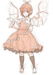  animal_ears bird_wings blush claws dress feet hand_on_own_chest hat highres kneehighs kuro_suto_sukii long_sleeves looking_at_viewer monochrome mystia_lorelei short_hair simple_background sketch smile solo toeless_legwear toes touhou white_background wings 