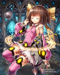  bare_shoulders bow brown_hair cable closed_eyes detached_sleeves floating frilled_sleeves frills gabiran hair_bow magic_circle mecha_musume metal official_art pink_legwear skirt solo sphere tenkuu_no_crystalia thighhighs 