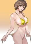  bikini breasts brown_eyes brown_hair collarbone dytm head_tilt highres large_breasts lips long_hair looking_at_viewer navel original panties side-tie_panties solo swimsuit underwear untied untied_bikini yellow_bikini 