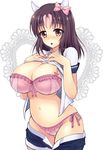  :o blush bow bra breasts brown_eyes brown_hair cleavage cow_girl cow_horns frilled_bra frilled_panties frills hair_bow hands_on_own_chest horns large_breasts long_hair looking_at_viewer multicolored_hair panties pink_bra pink_hair pink_panties shiawase_usagi shirt_lift shorts shorts_pull side-tie_panties solo two-tone_hair underwear undressing 