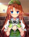  ? beret black_bow blush bow braid breasts brown_hair chinese_clothes cleavage cleavage_cutout commentary_request efe hair_bow hair_ribbon hat hong_meiling large_breasts long_hair looking_at_viewer ribbon sidelocks solo spoken_question_mark star sweat touhou tress_ribbon twin_braids upper_body 
