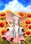  :d alternate_hairstyle aqua_hair arm_behind_head blush bow braid closed_eyes cloud collarbone day dress flower hair_between_eyes hair_bow hand_on_headwear hat hatsune_miku head_tilt highres long_hair open_mouth outdoors pink_dress shii_(cocoa) sky smile solo standing strap_slip sun_hat sundress sunflower twin_braids twitter_username very_long_hair vocaloid younger 
