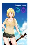 allison_(summer_lesson) artist_name blonde_hair blue_eyes bracelet cloud day english guitar hair_between_eyes hand_on_hip highres instrument jazzjack jewelry necklace see-through short_shorts shorts sky smile smiley_face solo summer_lesson 