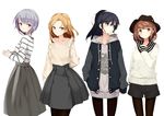  brown_eyes brown_hair brown_legwear fingers_together frilled_shirt frills hand_in_pocket hat highres hood hoodie jacket lavender_eyes lavender_hair light_brown_eyes light_brown_hair lineup long_hair looking_at_viewer looking_away looking_back machimura_komori mole mole_under_eye multiple_girls original pantyhose ponytail shirt short_hair shorts skirt sleeves_past_wrists smile striped striped_shirt white_background 