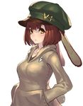  :o animal_ears bangs blush bob_cut breasts brown_hair bunny_ears bunny_hair_ornament bunny_tail carrot_hair_ornament collarbone eyebrows eyebrows_visible_through_hair food_themed_hair_ornament green_hat hair_ornament hands_in_pocket hat highres hood hoodie hound_(sekaiju) long_sleeves looking_at_viewer medium_breasts nadare-san_(nadare3nwm) sekaiju_no_meikyuu sekaiju_no_meikyuu_5 short_hair simple_background solo stitches tail upper_body white_background yellow_eyes 