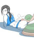  1girl ass black_hair blush boxing_gloves breasts buttjob cum cum_on_body cum_on_clothes ejaculation grey_eyes little_mac looking_back nintendo penis ponytail punch-out!! simple_background super_smash_bros. uncensored wii wii_fit_trainer zeromomentai 