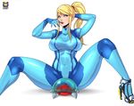  1girl absurdres blonde_hair blue_eyes bodysuit breasts clothed_navel covered_navel high_heels highres kyoffie large_breasts lips looking_at_viewer metroid metroid_(creature) nintendo ponytail samus_aran simple_background sitting skin_tight solo spread_legs zero_suit 