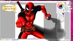  abs arm_support artist_name belt bodysuit comic_sans deadpool english fourth_wall highres jazzjack korean looking_at_viewer male_focus marvel mask metro_2033 muscle painttool_sai pointing pointing_at_viewer shadow skullgirls solo steam_(platform) sword uneven_eyes utility_belt weapon windows 