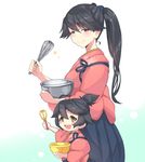  :d akaneyu_akiiro black_hair blush blush_stickers bowl brown_eyes commentary_request eunos hair_between_eyes hair_ribbon hakama high_ponytail holding houshou_(kantai_collection) japanese_clothes kantai_collection kimono long_hair looking_at_viewer mixing_bowl mother's_day motherly multiple_girls open_mouth ponytail ribbon short_hair smile tasuki teeth whisk 