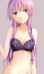  bangs blue_bow blunt_bangs bow bra breasts cleavage closed_mouth collarbone crescent crescent_hair_ornament expressionless groin hair_bow hair_ornament head_tilt long_hair looking_at_viewer medium_breasts navel patchouli_knowledge purple_bra purple_eyes purple_hair ram_hachimin red_bow side_ponytail simple_background solo touhou underwear underwear_only 