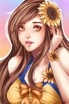 adjusting_hair bare_shoulders bow breasts brown_hair cleavage commentary english_commentary eyebrows eyelashes eyeliner eyes flower flower_bracelet hair_flower hair_ornament hand_up joyo league_of_legends leona_(league_of_legends) light_brown_eyes lips lipstick long_hair looking_at_viewer makeup mascara one-piece_swimsuit orange_bow outline parted_lips pool_party_leona signature solo sunflower swimsuit upper_body wrist_flower yellow_flower yellow_swimsuit 