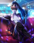  absurdres blue_hair bodysuit breasts center_opening cleavage crossed_legs gloves goggles head_mounted_display high_ponytail highres large_breasts light_smile lips long_hair looking_at_viewer overwatch pink_bodysuit purple_skin rena_illusion sitting solo theft widowmaker_(overwatch) yellow_eyes 