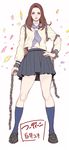  blue_eyes brown_hair chain full_body kneehighs legs_apart loafers long_hair long_sleeves looking_at_viewer miniskirt original school_uniform serafuku shoes skirt smile solo tabe_koji 