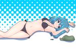  aqua_hair bare_shoulders bikini black_bikini blue_eyes blue_hair blush breasts checkered checkered_bikini checkered_swimsuit cleavage collarbone groin hair_bobbles hair_ornament hat hat_removed headwear_removed kawashiro_nitori key large_breasts legs lips lying midriff navel on_back on_floor ren(kei) short_hair side-tie_bikini side-tie_swimsuit solo swimsuit thigh_gap touhou two_side_up 