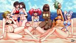  amber_(rwby) ass barefoot beach black_hair blonde_hair breasts butt_crack dark_skin feet glasses glynda_goodwitch jadenkaiba large_breasts melanie_malachite miltiades_malachite multicolored_hair multiple_girls neon_katt ocean reese_chloris rwby twins winter_schnee 