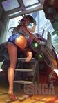  absurdres artist_request ass bare_shoulders breasts brown_eyes brown_hair d.va_(overwatch) denim denim_shorts feet from_behind gloves highres leg_up legs li_chunfu long_hair long_legs looking_at_viewer looking_back mecha overwatch popsicle pussy_peek sandals short_shorts shorts small_breasts solo tank_top thighs toes underboob watermark wrench 