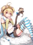 :3 andira_(granblue_fantasy) animal animal_ears antenna_hair bell blonde_hair blue_bow blue_shorts blush bow brown_eyes brown_fur closed_mouth crossed_legs cutoffs denim denim_shorts ear_ribbon erune fingers_together from_side fur fur_collar fur_trim granblue_fantasy hair_between_eyes hairband highres jingle_bell looking_at_viewer looking_to_the_side midriff monkey monkey_ears monkey_tail mugcup multicolored_hair navel pom_pom_(clothes) red_eyes short_hair short_shorts shorts sitting smile solo stomach striped striped_legwear tail tail_bow tsurime two-tone_hair 