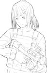  aimpoint bangs blunt_bangs bulletproof_vest bullpup commentary_request greyscale gun highres holding holding_gun holding_weapon load_bearing_vest looking_at_viewer monochrome niwatazumi original p90 plate_carrier ponytail scope sketch smile solo submachine_gun trigger_discipline weapon 