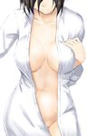  bangs black_hair breasts hand_on_own_chest head_out_of_frame highres large_breasts naked_shirt navel niwatazumi no_bra no_panties open_clothes open_shirt original shirt smile solo 