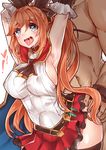  1girl armpits arms_up ascot bare_shoulders belt black_bow black_gloves black_legwear blue_eyes blush bow breasts clarisse_(granblue_fantasy) clothed_female_nude_male covered_nipples dark_skin drooling elbow_gloves eyebrows eyebrows_visible_through_hair gloves granblue_fantasy hair_bow heart heart-shaped_pupils hetero large_breasts long_hair navel nude orange_hair osiimi ponytail red_skirt ribbed_sweater sailor_collar saliva sex sideboob skirt sleeveless solo_focus standing sweater sweater_vest symbol-shaped_pupils test_tube thighhighs tongue tongue_out very_long_hair 
