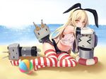  &gt;_&lt; :&lt; :3 absurdres artist_name ball beach beachball black_ribbon black_skirt blonde_hair blush brown_eyes closed_eyes elbow_gloves full_body gloves hair_ribbon highres kantai_collection lifebuoy long_hair lying miniskirt navel no_shoes on_side outdoors pleated_skirt rensouhou-chan ribbon shimakaze_(kantai_collection) shirt skirt sleeveless sleeveless_shirt sparkle striped striped_legwear thighhighs very_long_hair water white_gloves white_shirt yong_mei-uta ||_|| 