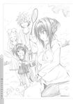 3girls absurdres badminton_racket celine family father_and_daughter greyscale highres if_they_mated kotegawa_yui monochrome mother_and_daughter multiple_girls older pregnant racket to_love-ru yabuki_kentarou yuuki_rito 