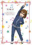  beamed_eighth_notes brown_eyes brown_hair eighth_note full_body hair_between_eyes hair_ornament hairclip hirasawa_yui k-on! musical_note open_mouth ryunnu short_hair smile solo standing star stretch track_suit 