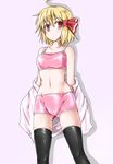  ahoge black_legwear blonde_hair blush bra cameltoe cowboy_shot hair_ribbon kirino_souya navel open_clothes open_shirt panties pink_background pink_bra pink_panties red_eyes ribbon rumia shirt short_hair simple_background solo thighhighs touhou underwear 