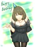  artist_name bare_shoulders black_legwear blue_eyes breasts cleavage commentary_request downblouse english happy_birthday hat highres icing idolmaster idolmaster_cinderella_girls jazzjack korean_commentary medium_breasts mole mole_under_eye one_eye_closed pantyhose party_hat short_hair shorts smile solo takagaki_kaede 