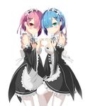  bare_shoulders blue_eyes blue_hair blush detached_sleeves dress eyes_visible_through_hair frills hair_ornament hair_over_one_eye headdress heart heart_hands heart_hands_duo hg---ay looking_at_viewer maid multiple_girls pink_hair ram_(re:zero) re:zero_kara_hajimeru_isekai_seikatsu red_eyes rem_(re:zero) short_hair siblings sisters smile thighhighs twins white_background white_legwear x_hair_ornament 