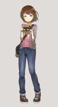  blue_eyes bob_cut brown_hair camera cardigan denim highres jeans life_is_strange max_caulfield open_cardigan open_clothes pants purea short_hair simple_background solo 