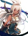  :d bare_shoulders black_gloves blush collarbone dark_skin dated gloves granblue_fantasy hayama_eishi long_hair looking_at_viewer number open_mouth red_eyes silver_hair skirt smile solo sparkle very_long_hair white_background zooey_(granblue_fantasy) 