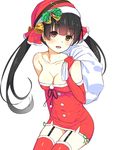  bag bell black_hair blush breasts brown_eyes carrying_over_shoulder christmas cleavage collarbone covered_navel dress elbow_gloves garter_straps gloves hair_bell hair_ornament hat long_hair looking_at_viewer medium_breasts open_mouth panties pantyshot pantyshot_(sitting) peragura pom_pom_(clothes) red_dress red_gloves red_legwear santa_costume santa_hat short_dress sitting skin_tight smile solo strapless strapless_dress taut_clothes thighhighs twintails underwear white_background 