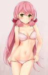  :3 akashi_(kantai_collection) blush bra breasts cleavage collarbone contrapposto green_eyes interstellar kantai_collection long_hair looking_at_viewer medium_breasts navel panties panty_pull pink_bra pink_hair pink_panties pulled_by_self sidelocks smile solo standing underwear underwear_only v-shaped_eyebrows 