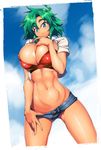  abs blue_eyes breasts character_request cleavage copyright_request cowboy_shot green_hair highres huge_breasts outdoors short_hair short_shorts shorts solo thighs wokashiya 