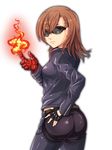  artist_request ass bodysuit breasts brown_eyes brown_hair cosplay fingerless_gloves fire frown gloves jacket k&#039; k&#039;_(cosplay) k' k'_(cosplay) king_of_fighters long_hair looking_at_viewer misaka_mikoto shiny shiny_clothes shiny_hair sideboob snk solo sunglasses the_king_of_fighters to_aru_kagaku_no_railgun to_aru_majutsu_no_index transparent_background you_xi_feng 