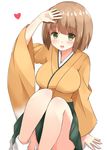  breasts brown_hair chaa_(korone-ze) green_eyes hakama_skirt heart highres hiryuu_(kantai_collection) japanese_clothes kantai_collection large_breasts long_sleeves open_mouth short_hair sitting smile solo wide_sleeves 