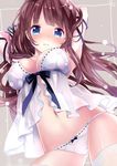  babydoll blue_eyes blush breasts brown_hair camisole cleavage large_breasts long_hair mintsu_(ichi--kun) navel original panties ribbon-trimmed_panties ribbon-trimmed_underwear ribbon_trim solo underwear 