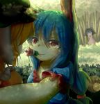  :3 absurdres animal_ears arm_around_shoulder bamboo bamboo_forest black_hair blonde_hair blue_dress blue_hair blurry bunny_ears dango dappled_sunlight depth_of_field dior-zi dress floppy_ears food food_in_mouth foreshortening forest hands_on_own_face hat highres inaba_tewi lens_flare long_hair looking_at_another low-tied_long_hair multiple_girls nature o_o pink_dress puffy_short_sleeves puffy_sleeves red_eyes relationshipping ringo_(touhou) sanshoku_dango seiran_(touhou) short_hair short_sleeves skewer smile sunlight touhou wagashi yuri yurijoshi 