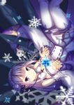  bare_shoulders blurry blush crystal dress elf emilia_(re:zero) flower hair_flower hair_ornament hair_ribbon highres long_hair looking_at_viewer pointy_ears puck_(re:zero) purple_eyes re:zero_kara_hajimeru_isekai_seikatsu ribbon silver_hair smile snowflakes teeth_(artist) upside-down white_legwear wide_sleeves 