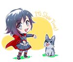  black_dress black_footwear black_hair boots cape commentary cross-laced_footwear dog dress english frilled_dress frills full_body gradient_hair iesupa lace-up_boots multicolored_hair red_cape red_hair ruby_rose rwby rwby_chibi short_hair silver_eyes tongue tongue_out two-tone_hair welsh_corgi zwei_(rwby) 