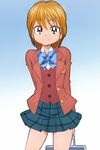  arms_behind_back bag blazer blue_skirt brown_eyes brown_hair brown_jacket futari_wa_precure gradient gradient_background jacket looking_at_viewer manji_(tenketsu) misumi_nagisa plaid plaid_skirt precure school_uniform skirt smile solo verone_gakuin_school_uniform 