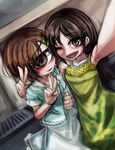  ;d armpits brown_eyes brown_hair casual cheek-to-cheek cyclops dress green_dress hair_ornament hairclip hitomebore hug long_hair multiple_girls official_art one-eyed one_eye_closed open_mouth ray-k reaching_out self_shot short_hair sketch smile tsunemi_akemi usui_sachi v 