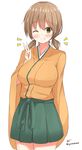  alternate_hairstyle breasts brown_eyes brown_hair chaa_(korone-ze) hakama_skirt highres hiryuu_(kantai_collection) japanese_clothes kantai_collection large_breasts one_eye_closed short_hair short_twintails smile solo twintails twitter_username v 