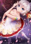  2016 ankkoyom ballerina blue_eyes braid breasts cleavage collarbone dress grey_hair head_feathers highres indoors light_bulb looking_at_viewer medium_breasts no_bra pantyhose petals qurare_magic_library ribbon smile solo stairs tattoo watermark white_dress white_feathers white_hair white_legwear wristband 