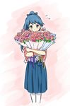  bangs blue_eyes blue_hair blue_hakama bouquet bow carnation commentary flower flying_sweatdrops hair_bow hakama houshou_(kantai_collection) japanese_clothes kantai_collection mother's_day pantyhose ponytail sakimiya_(inschool) smile solo 